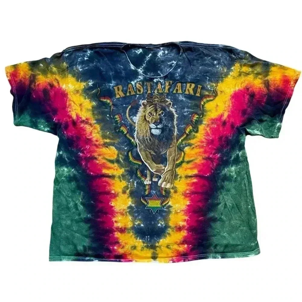 Vintage Rastafari Lion Men's All Over Tie Dye Reggae T-Shirt Cut Collar 2XL/3XL